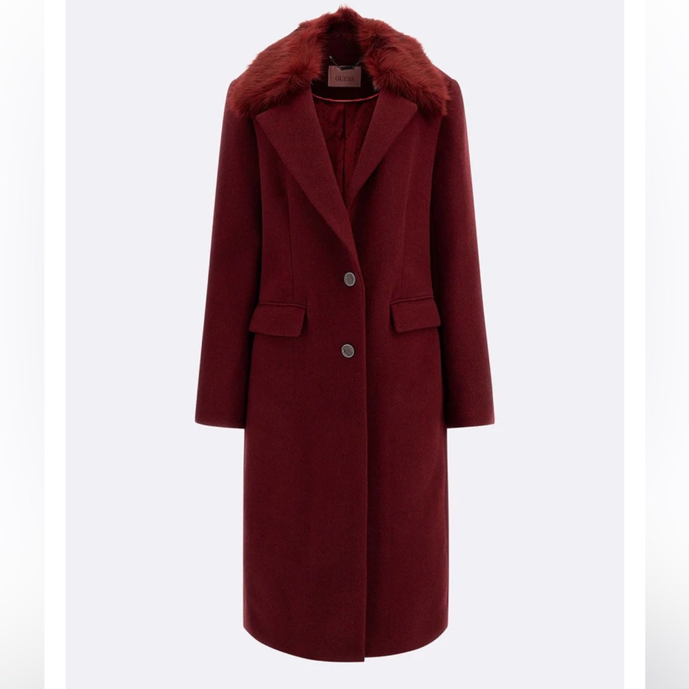 New Guess Vino Multi Laurence Burgundy 2 Breasted Button Long Coat XS